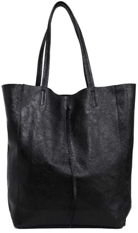 stylx Made in Italy Damen Leder Tasche XXL DIN-A4 Shopper Tote Hobo Bag Henkeltasche Handtasche Umhängetasche Ledertasche Schultertasche Large mit Innentasche aus Leder (metallic schwarz)