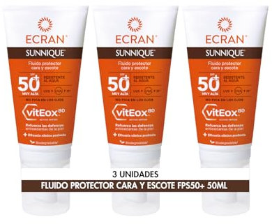 Ecran Sunnique Fluido Protector Solar FPS 50+ para Cara y Escote, Protección UVB + UVA e IR-A, Refuerza las Defensas, Protege la Piel, Hidratación 24 h, Fórmula con VitEox 80 - Pack de 3 x 50 ml