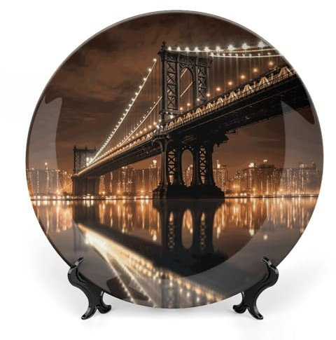 NONHAI Dekorativer Teller aus Knochenporzellan, 20,3 cm, mit Display, Keramik-Ornament-Teller, New York, Manhattan-Brücke, Nacht, Keramik, Essteller, Basteln, dekorative Teller für Zuhause, Büro,