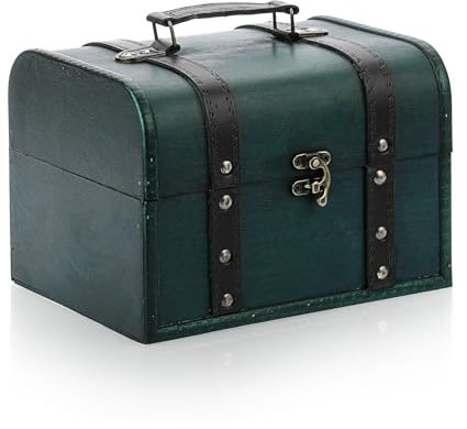 SUMTree Vintage Holz Schatztruhe 22x18x15,5 cm Deko Schatzkiste Holztruhe mit Vintage-Schloss Antike Holzkiste Schatzkiste für Schnitzeljagd Piraten Schatztruhe Kindergeburtstag Geschenke Groß Grün