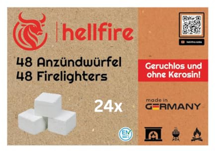 hellfire Anzündwürfel – Grillanzünder, Kaminanzünder und Kohleanzünder – Perfektes Grill Zubehör für Kamin und Grill, Anzünder Würfel, 24 Pakete = 1152 Würfel