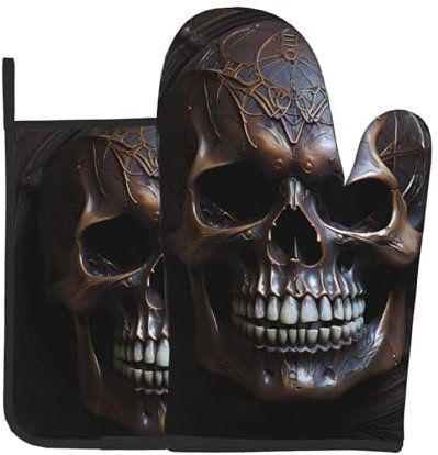 WZYWHJ Copper-Colored Skull Oven Mitts and Pot Holders Set for Cooking, Microwave, Grilling - Heat Resistant with Lanyard Design