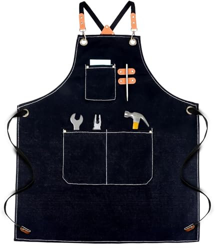 HO-SFSM Arbeitsschürzen, Schweißerschürze, Arbeitsschürze Holzbearbeitung, mit Kreuz Rückengurten, mit 3 Werkzeugtaschen, Männer & Frauen, Schwarz