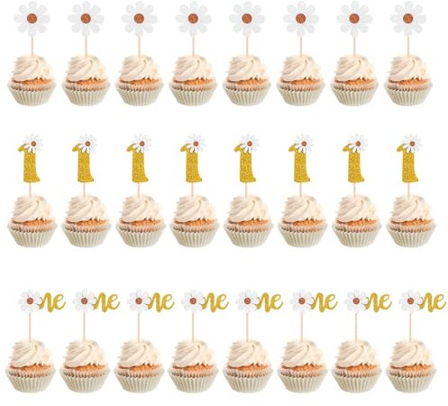 24 PCS Daisy Cake Decorations, Gold First Birthday Cake Topper, First Birthday Daisy Cupcake Decorations, Floral Cupcake Topper for Baby Shower Birth Day Party Decoration