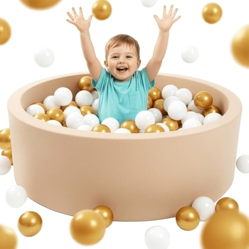 Mimii Bällebad 90x30cm Schaumstoff - Rund Bällepool für Kinder Baby - Ballgruben für Mädchen und Jungen - Weiches und Sicheres Spielzeug - Beige, Ohne Bäll