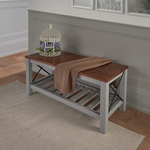 Mercers Furniture Pine Bench With Slatted Storage Shelf Painted Grey Wooden 59cm High x107cm Wide x 42cm Deep