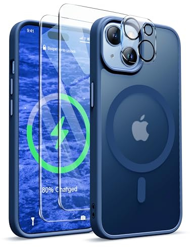 ORETECH Magnetic for iPhone 15 Plus Case, Matt Back Navy Blue | Compatible with Magsafe, 2 Pack Screen Protector 1 Camera Protector, Anti Yellowing Ultra Thin Military Grade Shockproof