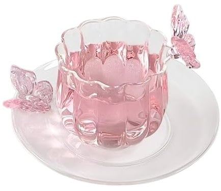 Jenngaoo Transparent Tea Cup Set with Saucer, Ribbed Drinking Glasses Butterfly Decoration 3D Butterfly Coffee Mugs Flower Tea Cup for Milk Tea Juice Coffee (Lotus Cup Set with Tray)