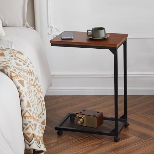 Mingone Beistelltisch C-Form Sofatisch mit Rollen Kaffeetisch Laptoptisch Industriestil Design Holz für für Kaffee Wohnzimmer Schlafzimmer,28x45x68cm (Braun)