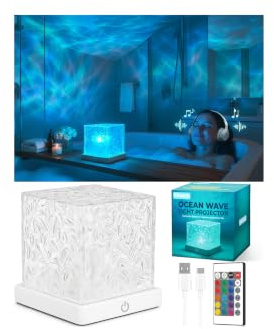 Rechargeable Shower Light No Wiring, 16 Color Ocean Wave Projector Light Cordless, Waterproof Shower Mood light with Remote, Bathtub Lights for Relaxing Spa, Water Ripple Projector for Bathroom Decor