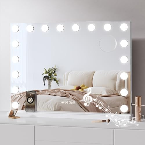 Dripex Espejo de Maquillaje con Luces y Bluetooth 80x60cm | De Mesa o Pared, Bombillas de 18 LED, Tres Colores de Luz y Función de Luminosidad Ajustable