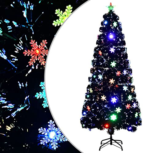Albero di Natale artificiale nero, 180 cm, fibra ottica e 48 fiocchi di neve a LED, pre-illuminato con cambio colore, aghi realistici in PVC, supporto stabile per decorazioni festive