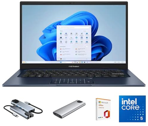 ASUS Vivobook 14 FHD Laptop for Student Business Home School, Intel Core 5 120U, 24GB RAM 2TB SSD, Numeric Keypad, w/Mytrix 6-in-1 Hub, MS Office 21 Lifetime, 128GB External SSD, Windows 11 Pro