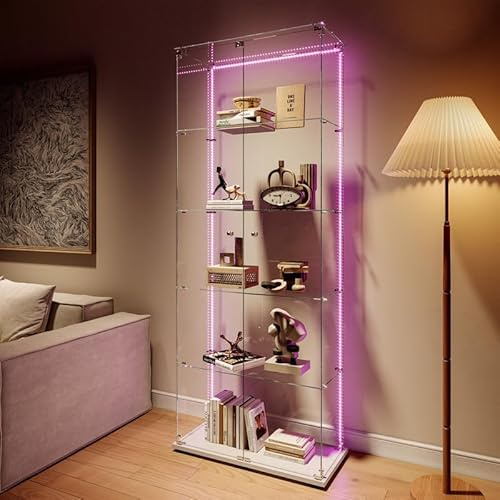 Glasvitrine Standvitrine mit LED-Streifen,187.3x77x39cm,5 Lagen Glas Holz Vitrine mit 2 Türen und Schloss, Sammlervitrine Vitrinenschrank aus Gehärtetes Glas, Glasvitrine Stehend für Wohnzimmer