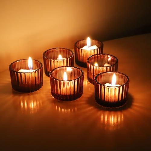 12 Stück Braun Teelichthalter Glas, Teelichtgläser Vintage für Thanksgiving | Vohocandle Braun Teelichtglas klein für Geburtstagsparty, Hochzeitsdekorationen, Heimdekoration und Kirche (5cm W x 3,5cm H)
