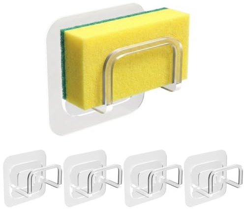 Lot de 4 Porte eponge evier cuisine - Porte Éponge Adhésif Transparent | Pose simple et intuitive en deux étapes