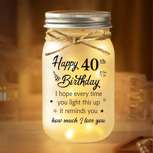 40th Birthday Gifts for Women Men, Forty Bday Mason Jar Night Lights | 40th Birthday Decorations for Women Men, 1986 40 Year Old Bday Gifts for Friend, Sister, Wife, Husband, Turning 40 Present