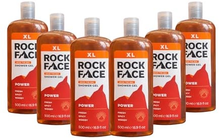 Rock Face Shower Gel - Power All In One Body Wash for Men, 500ml, Spicy Oriental Scent, Suitable for Hair and Body, Long Lasting Fragrance, Multipack of 6