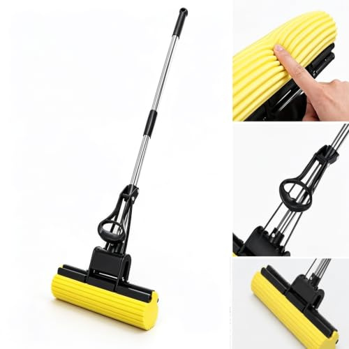 PVA Sponge Mop Self Wringing Floor Mop with Super Absorbent Replaceable Head, Multi Surface Hard Floor Cleaner for Kitchen, Bathroom & Tile Floors, Adjustable Handle 90-119cm