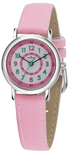 Atrium Kinderuhr Mädchen Analog Quarz 5 bar 28 mm – Lernuhr mit 12/24 Stunden Anzeige – Armbanduhr Kinder Rosa – Metallgehäuse & weiches Lederimitat Band – Geschenk für Schule & Geburtstag A31-104