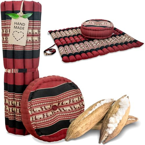 livasia Meditationsset XL - Ø 38x15cm / Matte 75x75x4,5cm - Yogaset mit Kissen und Matte, Pouf, Yogamatte und Yogakissen mit Kapok handgefertigt, Bodenkissen Outdoor, Zafukissen (Rot/Elefanten)
