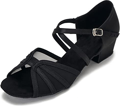 CLEECLI Low Heel Ballroom Dance Shoes Women Latin Salsa Practice Dancing Shoes 1.5 Inch Heel ZB14(7.5,Black)