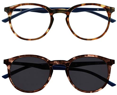 OPULIZE Met Doppelpack Lesebrille Mit Sonne Leser Groß Runden Braun Marineblau Herren Damen Federscharniere RS60-2 +3,50