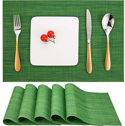 Myir JUN Tischsets Abwaschbar 6er Set, Gewebte Platzdeckchen Abwaschbar rutschfest Abgrifffeste Hitzebeständig, Vinyl Platzsets für küche Speisetisch Hotel, Platz-Matten 30x45cm (Grün 2)