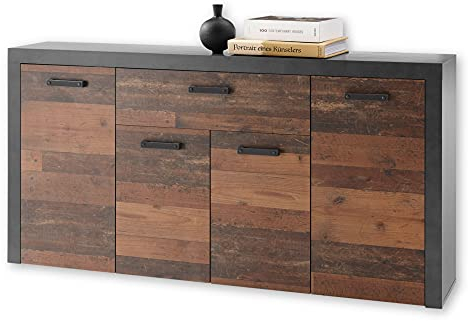 JONES Vintage Sideboard in Old Wood Optik, Betonoxid - Retro Kommode mit viel Stauraum für Ihr Wohnzimmer - 180 x 93 x 38 cm (B/H/T)
