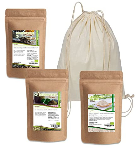 Mynatura Bio Tee Set 2 I Bio Mariendistel Samen I Bio Brennnessel Samen I Löwenzahn Wurzelpulver I Gymbag I Kräutertee I Grüner Tee I Im Beutel