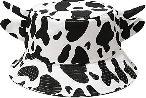 XYIYI Cow Print Bucket Hat with Cute Horns Ears Beach Sun Hat Fisherman Hats Outdoor Cap for Women Teen Girls