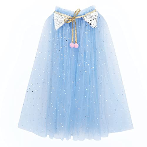 PHOGARY Kinder Prinzessin Umhang - Bunt Cape Mit Tüll Und Glitzer Pailletten für Halloween, Karneval, Party Kostüm - Cosplay Outfit für Mädchen (Hellblau, M)