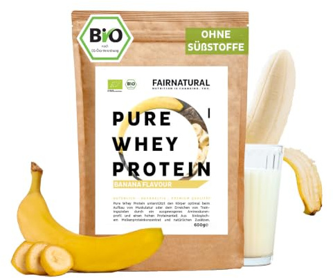 BIO WHEY Protein-Pulver Banane ohne Chemie [Regional aus Deutschland] - Hochwertige Eiweiß-Shakes » 100% NATÜRLICH « 600g Bio Eiweiß-Pulver aus Premium Molkenprotein-Pulver ohne Soja