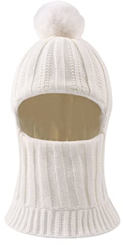 XIAOHAWANG Baby Wintermütze Jungen kindermützen Winter Polarfleece Winddicht Kälteschutz Strickmütze Jungen Warm Beanie Mit Bommel für Kinder Baby(Weiß, 6-36Monate)