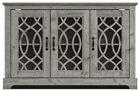 GFW Amelie 3 Door Sideboard Cabinet with Shelf & Glass Doors For Living Room & Dining Room Wood Dusty Grey Oak 75.4 x 82.5 x 40cm 3 Door