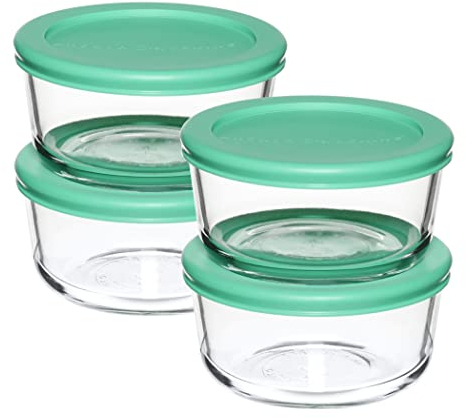 Anchor Hocking 8 Piece Glass Food Storage Containers 2-Cup Round with Mint Snugfit Lids (BPA free, oven, microwave, fridge, and freezer safe)