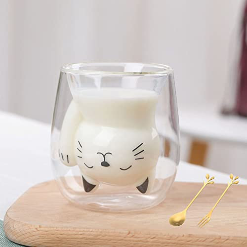 Gohytal Doppelwandige Gläser Tasse,Süße Katze Tassen 200ml Doppelwandige Lsoliergläser Kaffee Teegläser für Tee Milch Kaffeetassen Geschenk für Geburtstag Frauen Kinder Männer Weihnachten, Kat