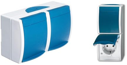 Busch-Jaeger BUSC 20/2 EBW-53 2fach waagerecht Ocean Schuko Steckdose & 2601/6/20 EW-53 Ocean IP44 AP Schalter/Steckdosen Kombination