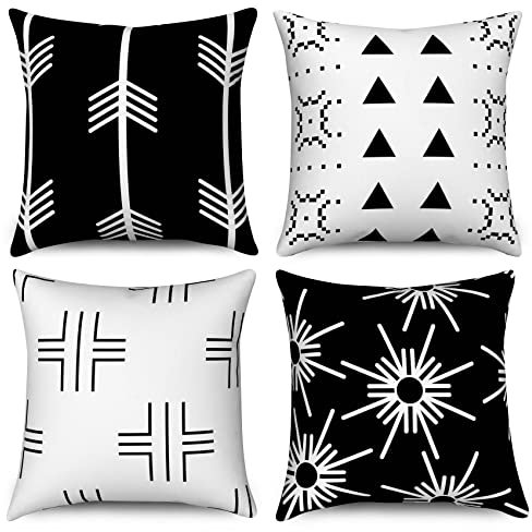 Hnmdmyi Kissenbezug Schwarz und Weiß 45x45 4er Set, Boho Kissenbezüge Modernes Geometrisches Muster Dekorative Leinen Kissenhülle für Sofa Couch Bett Garten Outdoor Home Decor