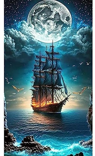Starnearby Broderie Diamant Grand Format Paysage Lune et Voilier Artisanat Diamond Painting Grande Taille 5d Bricolage Diamant Rond Mosaïque Peinture Diamant Grand Modèle Décoration Murale 40x70cm