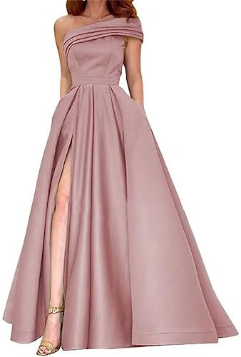 Eine Schulter Satin Prom Kleid mit Schlitz Lange Abendkleider für Frauen Formale mit Taschen A Linie Hochzeit Party Kleid, Dusty Rose, 58