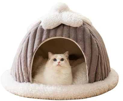 Galatée Katzenhöhlenbett, Cartoon Süßes Katzenhaus, Kleines Katzenzeltbetthaus Mit Abnehmbarem Waschbarem Kissen Kissen, Warmes Hundebett, Katzenbetten Für Innenräume(M, Grau)