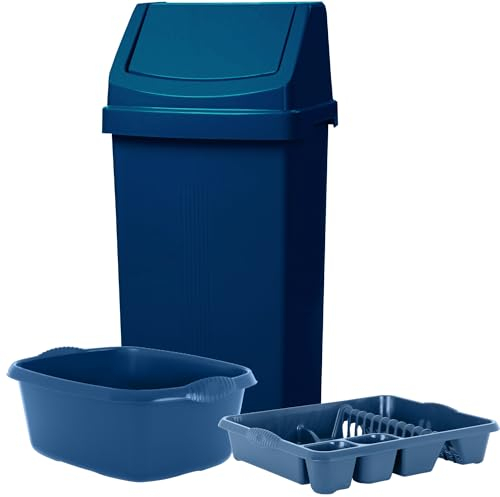 KetoPlastics 3 Piece Navy Kitchen Set - 50L Kitchen Bin & 14L Rectangular Washing Up Bowl & Large Dish Drainer For Home Kitchen - Made in UK