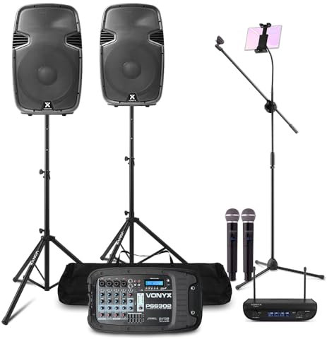 VONYX PSS302 Professional DJ Karaoke System with PA Speakers, Wireless Microphones, Mixer Amplifier and Tablet Stand