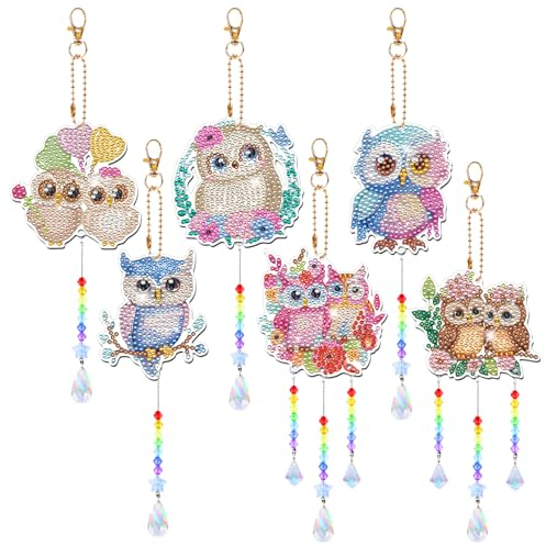 Taskicraft Eule Diamond Painting Windspiel - 6 Stück Eule Diamond Painting Bastelset Für Mädchen Geschenke Schlüsselanhänger DIY 5D Diamond Painting Anhänger Kinder Geschenk Mädchen 7 8 9 10 11 Jahre