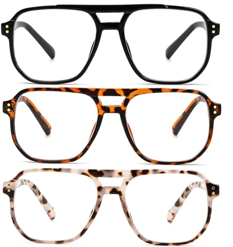 KoKoBin 3 Pack Übergroße Flug Federscharnier Vintage Lesebrille für Damen und Herren Quadratisch Anti-Blaulicht Computer Reader