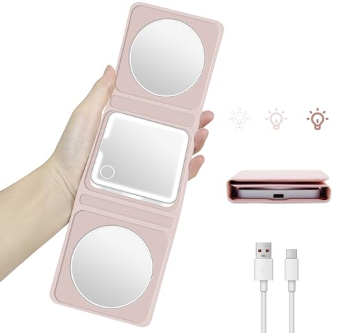 Amlope LED Miroir de Poche Lumineux 1X/5X/10X Miroir Grossissant Miroir Compact à Trois Volets Miroir de Maquillage avec Lumière LED Miroir de Sac à Main Rechargeable Miroir de Poche Portatif Rose