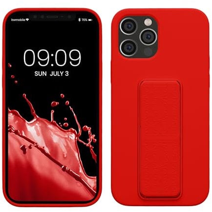 kwmobile Case Compatible with Apple iPhone 12 / iPhone 12 Pro - Case with Hand Strap and Stand Soft TPU Silicone Coating - Red