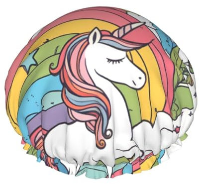 Pretty rainbows and unicorns Women's waterproof double shower cap, bath and homeshower cap, reusable shower cap, shower cap for women,