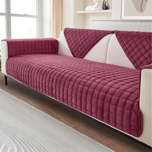 LINGKY Sofa Überzug, Weiche Flanell Sofa Sitzkissenbezug, Sofaschoner rutschfest, Sofabezug 1 2 3 Sitzer Couch überzug für Sektionssofa, Sofaüberwürf L Form Sofaschutz (Weinrot,70x150cm)